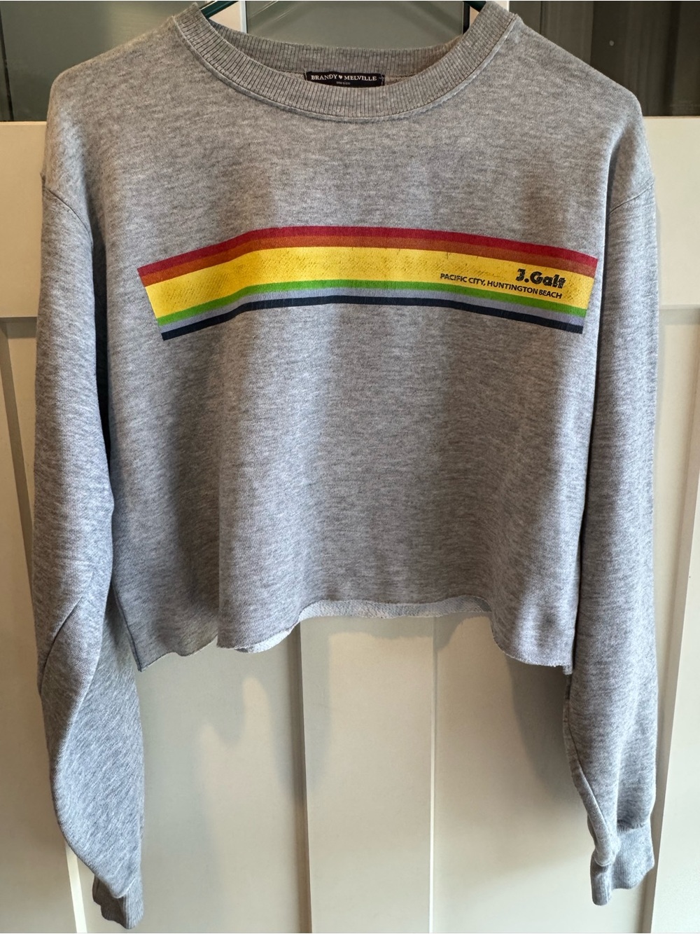 Brandy Melville Gray Cropped Sweatshirt with Red-Yellow-Green Stripe